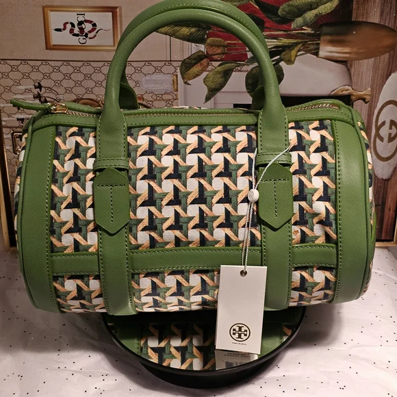 Tory Burch Riviera Green Wicker Print Leaf Patterned Women's Satchel Bag - Picture 13 of 16
